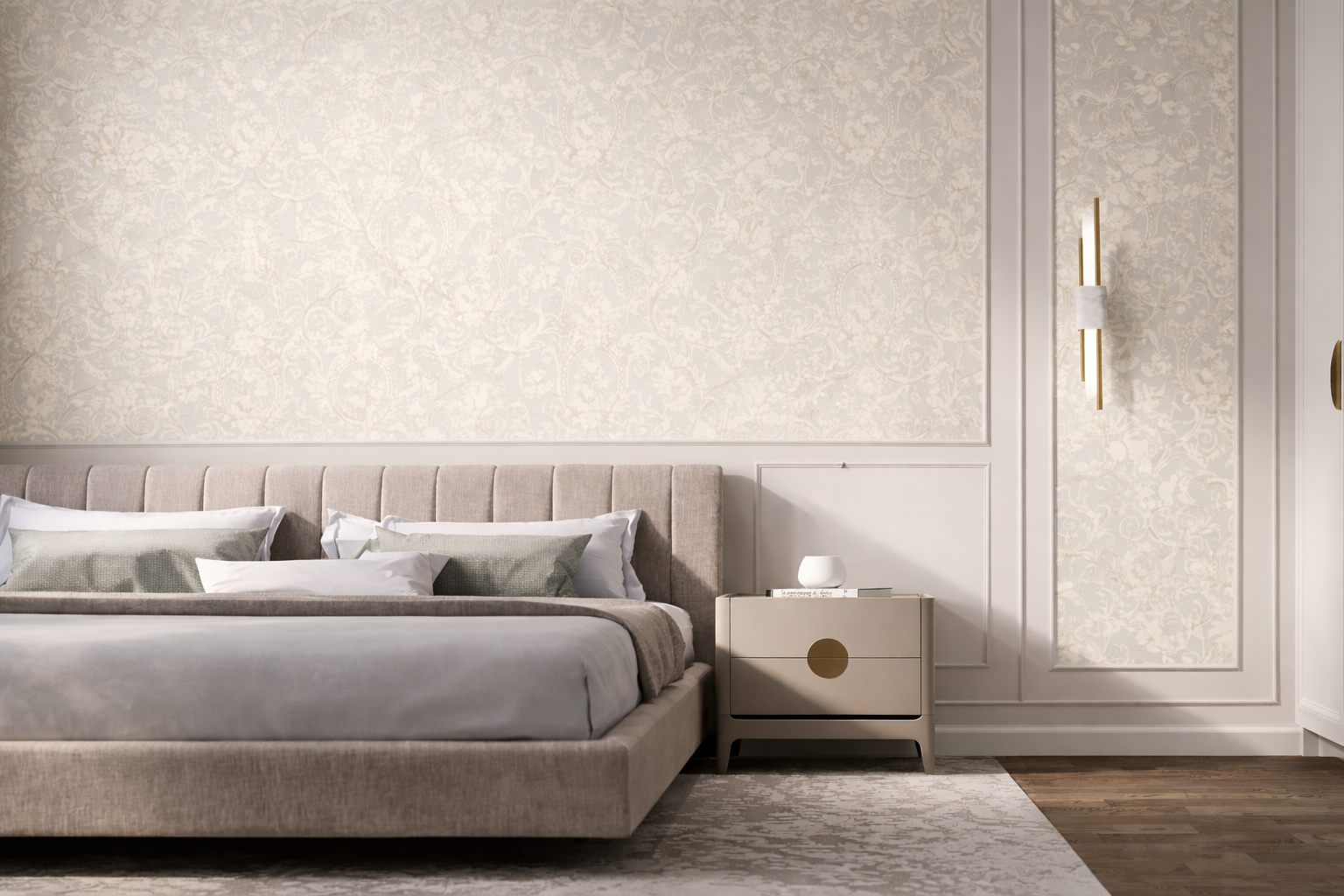 Modern bedroom with a gray upholstered bed and matching nightstand.