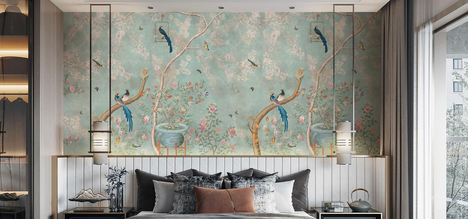 Decorative wall mural with birds and floral patterns in a modern living room.